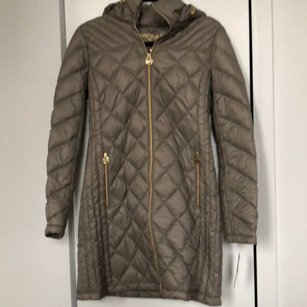 Michael Kors taupe gray winter coat with gold